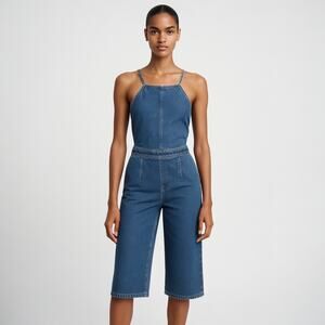 ASOS Women's Blue Sleeveless Lace Up Back Wide Leg Capri Denim Jean Jumpsuit 2